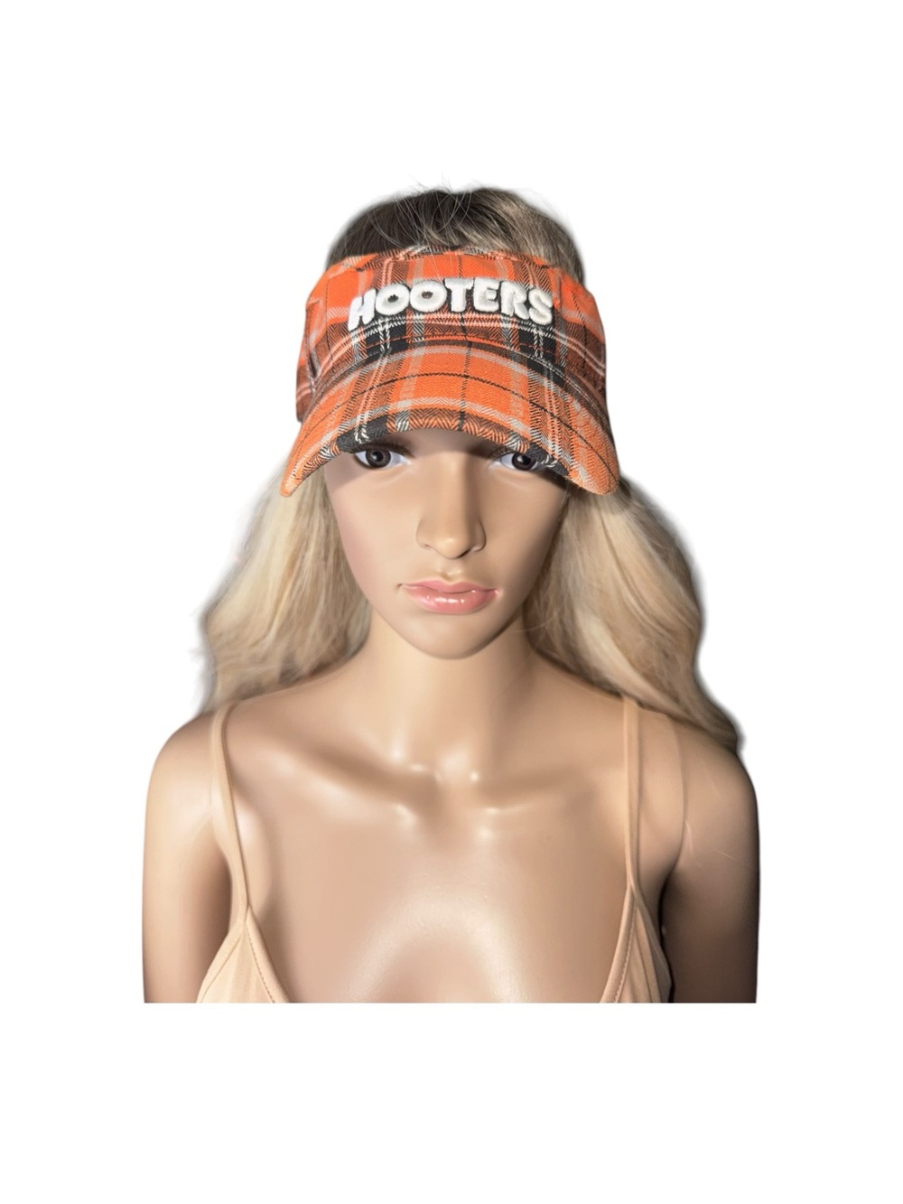 Hooters Orange Plaid Hootie Headwear Top Of The World Adjustable Visor One Size